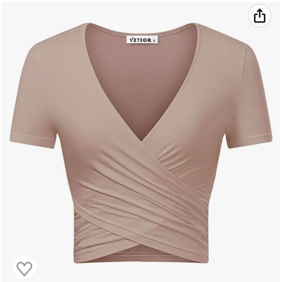 🌸3/$15🌸Deep V-Neck Cross BodyTaupe Crop Top Short Sleeve sz L - Picture 1 of 6